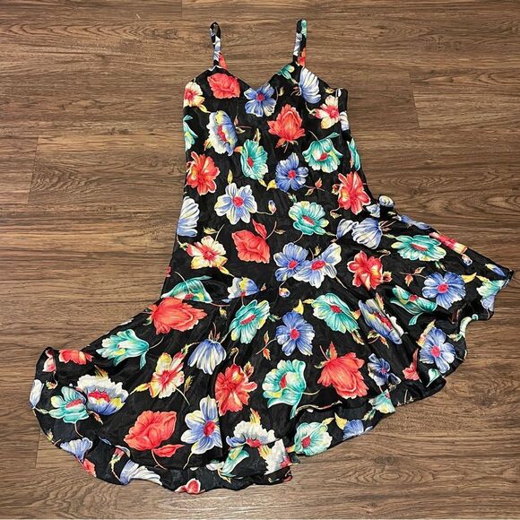 Vintage Victoria’s Secret Gold Label Floral Asymmetrical Slip Dress Black Large - Picture 10 of 13